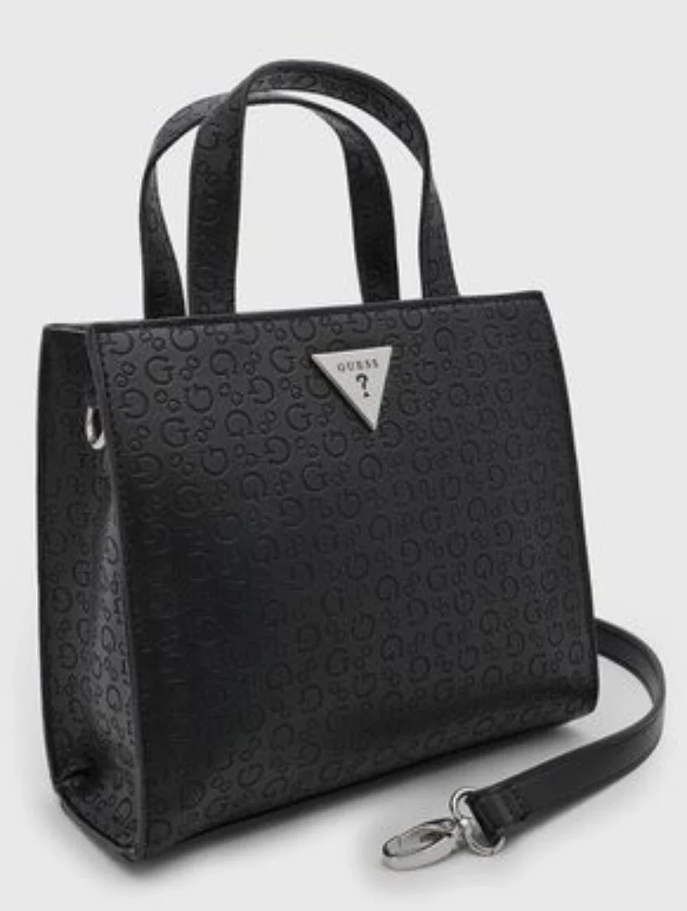 GUESS Black Embossed Logo Tote with Triangle Emblem